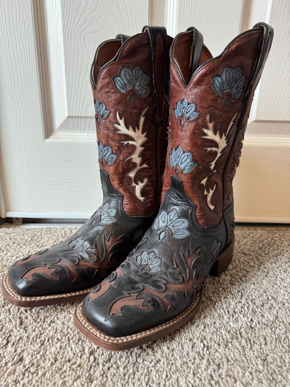Leather Western Cowboy Boots with Blue Floral Inlay